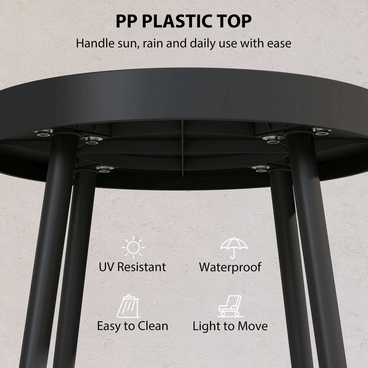 Round Garden Coffee & Side Table | 49.5cm | Tray-Style Weather-Resistant PP Top | Powder-Coated Metal Legs | Adjustable Foot Pads | 30kg Capacity | UV Resistant | Indoor & Outdoor | Black