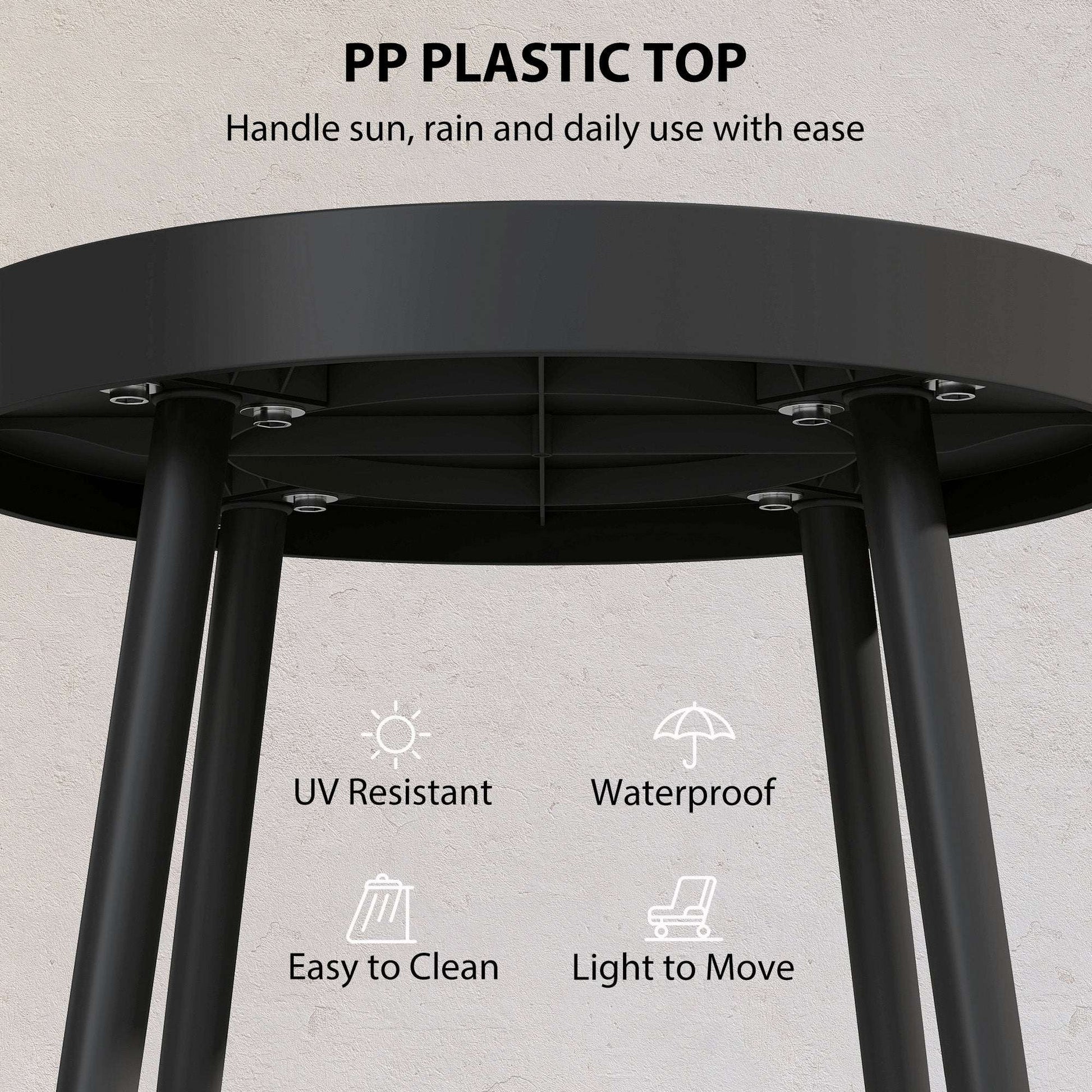 Round Garden Coffee & Side Table | 49.5cm | Tray-Style Weather-Resistant PP Top | Powder-Coated Metal Legs | Adjustable Foot Pads | 30kg Capacity | UV Resistant | Indoor & Outdoor | Black