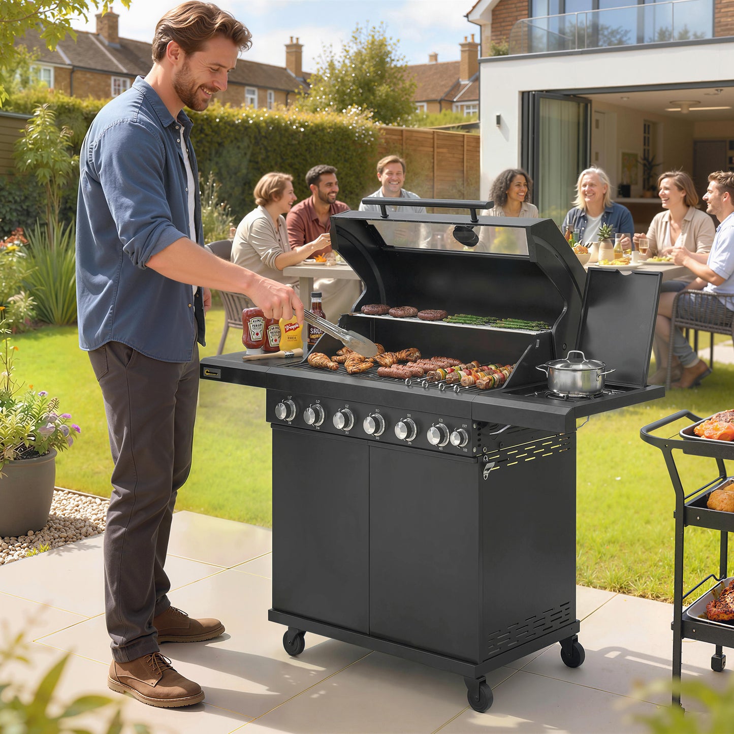 6+1 Burner Gas BBQ Grill | 3200cm² | 8-12 People | Side Burner | Warming Rack | Thermometer & Glass Window | Cabinet | Wheels | LPG | 146cm | Black