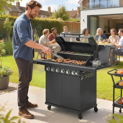 6+1 Burner Gas BBQ Grill | 3200cm² | 8-12 People | Side Burner | Warming Rack | Thermometer & Glass Window | Cabinet | Wheels | LPG | 146cm | Black