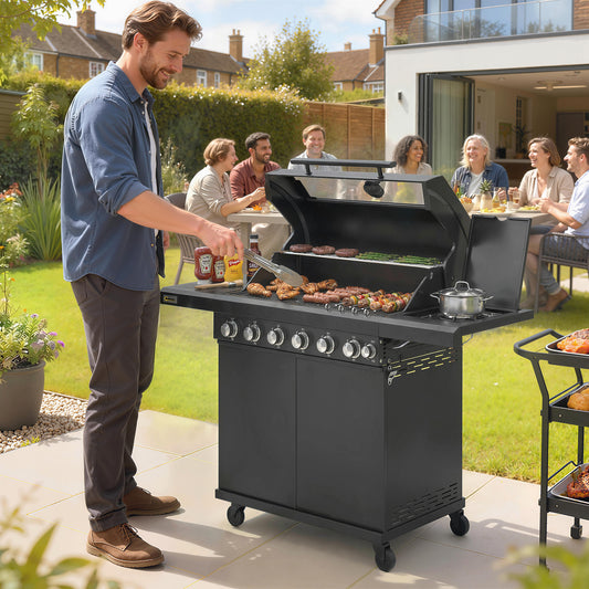 6+1 Burner Gas BBQ Grill | 3200cm² | 8-12 People | Side Burner | Warming Rack | Thermometer & Glass Window | Cabinet | Wheels | LPG | 146cm | Black