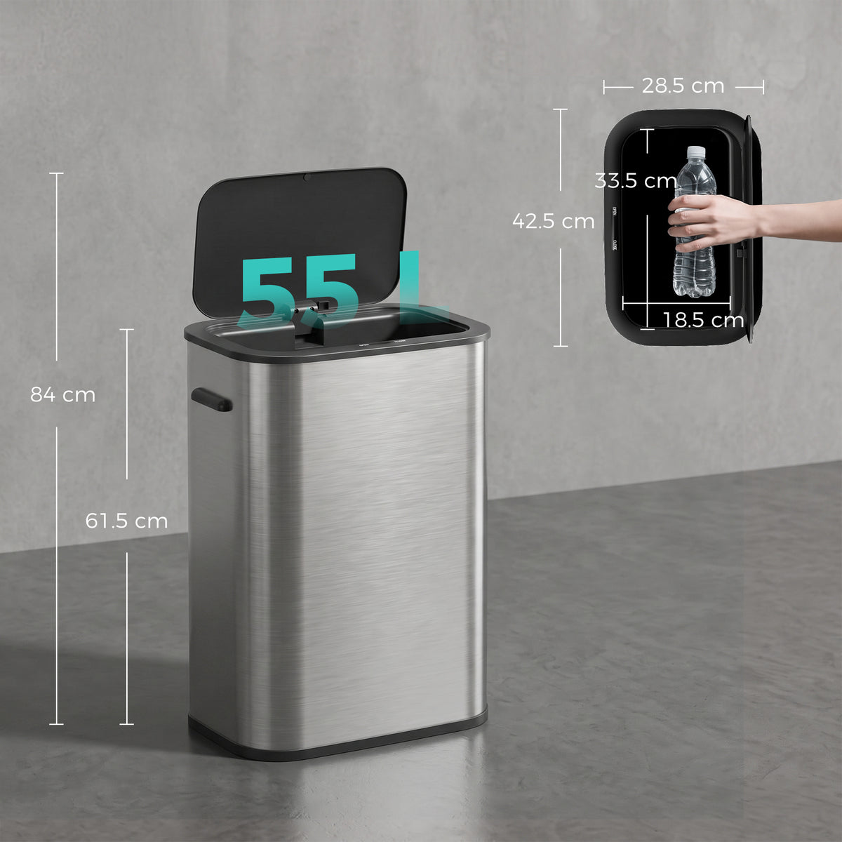 55L Touchless Sensor Bin | Automatic Motion-Activated Kitchen Waste Bin | Soft-Close Lid | Stainless Steel | Silver