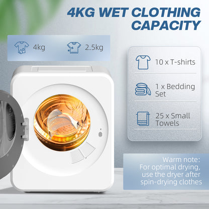 4kg Vented Tumble Dryer, 800W Compact Freestanding Front Tumble Dryer with Stainless Steel Tub and Customisable Timer, Wall-Mounted Portable Small Clothes Drying Machine, White