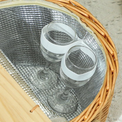 Wicker Picnic Basket for 2 with Pine Wood Lid, Picnic Hamper with Cooler Compartment, Cutlery Service Kits, Carry Handle for Camping, Outdoors