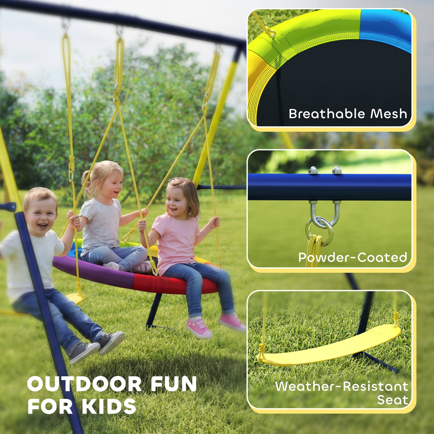 Kids Swing Set with Saucer Nest Swing & Belt Swing – 150kg Capacity, Adjustable Ropes, Steel A-Frame, Ground Stakes, EN71 Tested, Ages 3–8