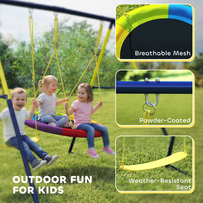 Kids Swing Set with Saucer Nest Swing & Belt Swing – 150kg Capacity, Adjustable Ropes, Steel A-Frame, Ground Stakes, EN71 Tested, Ages 3–8