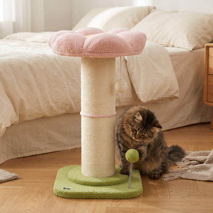 Pink & Green Compact Cat Tree | 59 cm Indoor Scratching Post with Flower Perch, Teddy Plush Bed & Spring Toys | For Cats Up to 5 kg