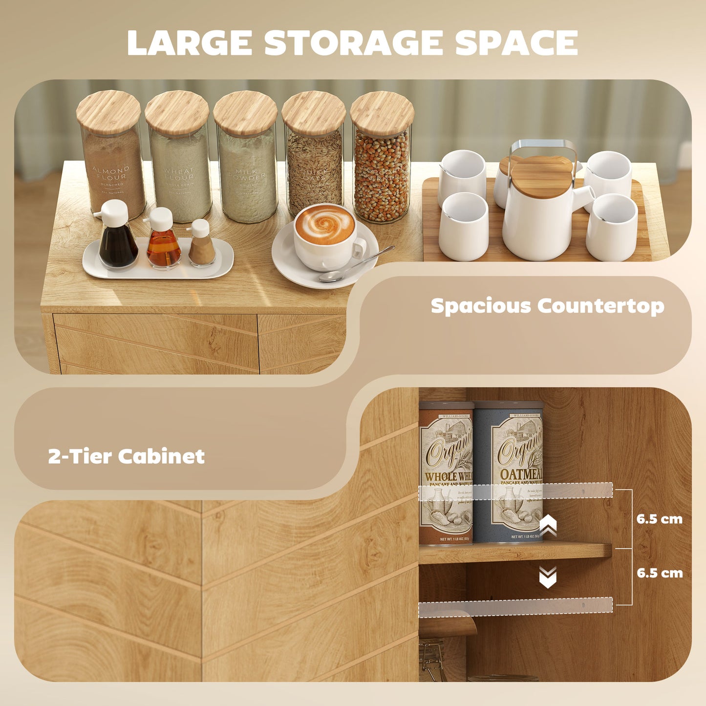Vintage Sideboard with Chevron Doors and Pine Wood Legs for Living Room, Kitchen
