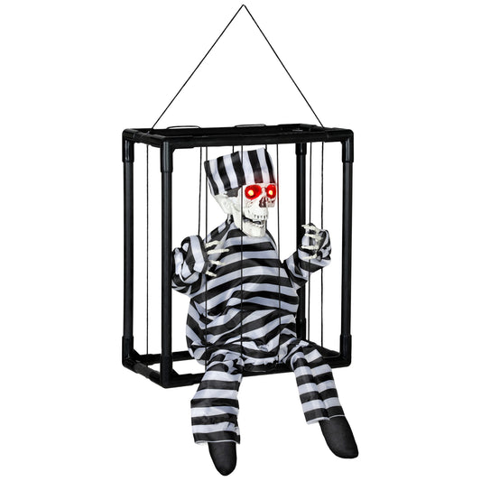 Halloween Animated Hinging Skeleton Prisoner in Cage with Glowing LED Eyes, Spooky Skeleton Scary Halloween Decorations, Battery Operated, Indoor Party Props