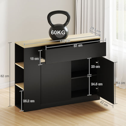 Sideboard & Storage Cabinet | Divided Drawer | 3 Open Shelves | Adjustable Cabinet Shelf | Anti-Tip | 60kg | Black