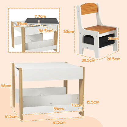 Three-Piece Kids Table and Chair Set with Blackboard, Storage, Bookshelves - Natural Wood