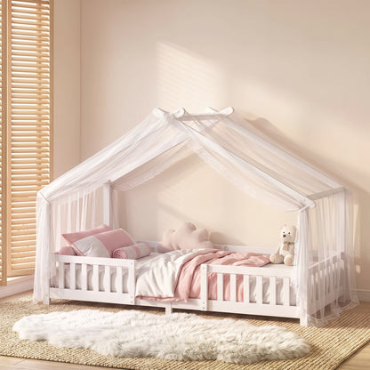 Kids House Single Bed Frame | Solid Pine Wood | House-Shaped Roof Design | Dual Guardrails | 5.5cm Low Floor Height | Fits 200x90cm Mattress | Max 110kg | 217x94x140cm | White or Pink