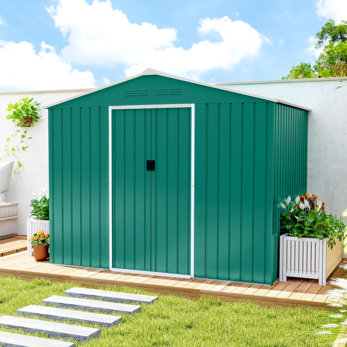 Large Galvanised Steel Garden Storage Shed | Double Sliding Door | 4 Ventilation Slots | Sloped Roof | 20kg/m² Snow Load | 236x171x191cm | Bikes Scooters Tools & Bins | Green