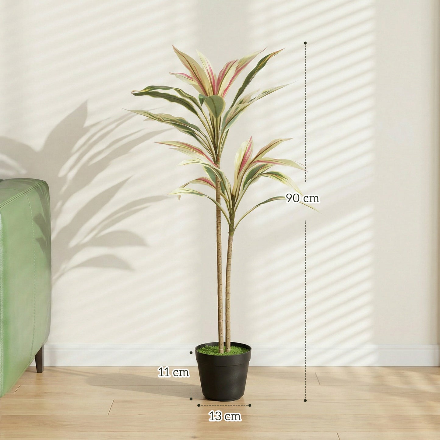 Artificial Cordyline Tree | 90cm | 29 PEVA Leaves | Soft-Touch | Moss Effect Base | Cement Pot | Shapeable | No Maintenance