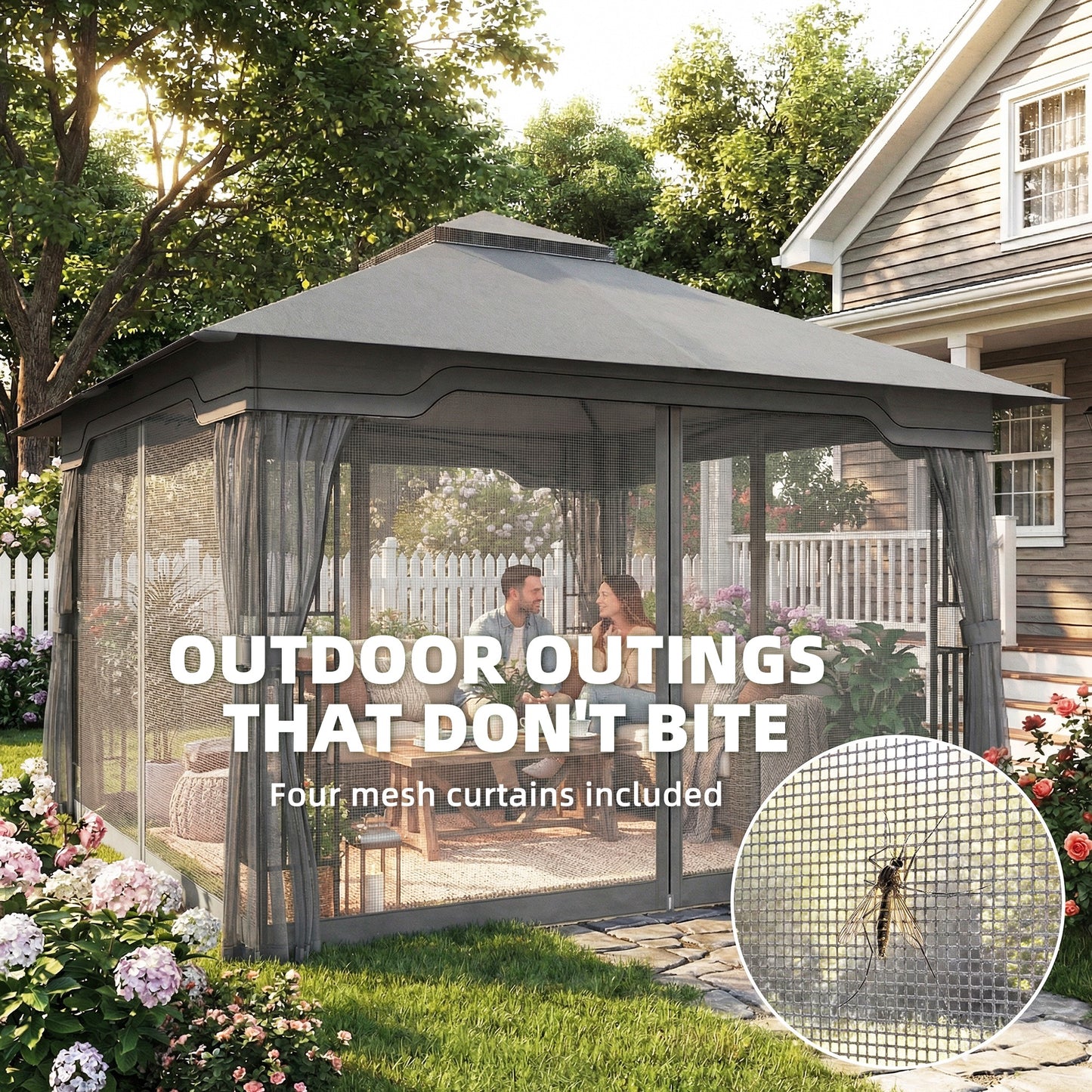 3.3x3.3m Garden Gazebo | Double-Tier UPF50+ Roof | 4 Mesh Panels | Triangular Powder-Coated Metal Frame | Corner Shelves | Roof Drainage Holes | Expansion Screws & Ground Stakes | Ceiling Hook | Dark Grey