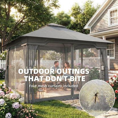 3.3x3.3m Garden Gazebo | Double-Tier UPF50+ Roof | 4 Mesh Panels | Triangular Powder-Coated Metal Frame | Corner Shelves | Roof Drainage Holes | Expansion Screws & Ground Stakes | Ceiling Hook | Dark Grey