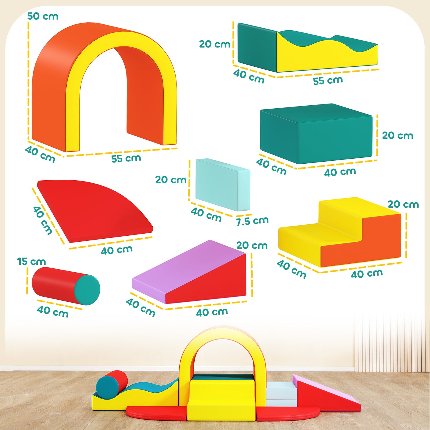 10-Piece Kids Soft Play Set | PU Leather & EPE Foam | Climbing Blocks | Anti-Slip Hook-and-Loop Pads | 90kg Capacity | EN71 Certified | Ages 12-36 Months | 152x82x70cm | Multicolour