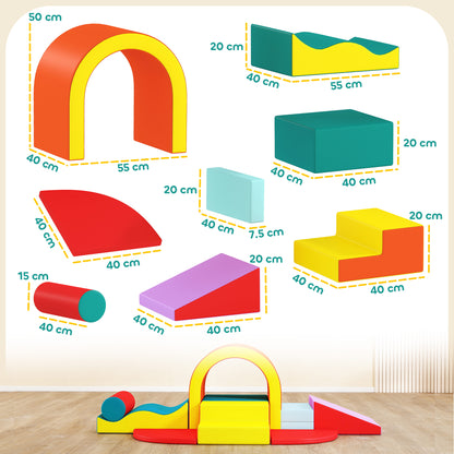 10-Piece Kids Soft Play Set | PU Leather & EPE Foam | Climbing Blocks | Anti-Slip Hook-and-Loop Pads | 90kg Capacity | EN71 Certified | Ages 12-36 Months | 152x82x70cm | Multicolour