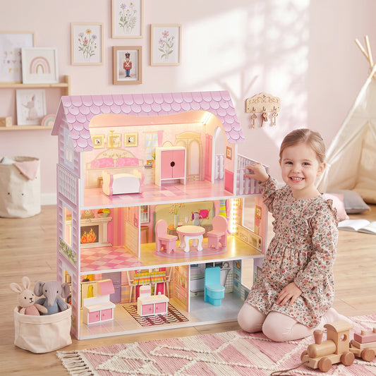 AIYAPLAY Pink 3-Storey Dolls House | 70cm MDF Dollhouse with LED Strip & Balcony | 8 Furniture Pieces | Open-Front Play | Ages 3–6