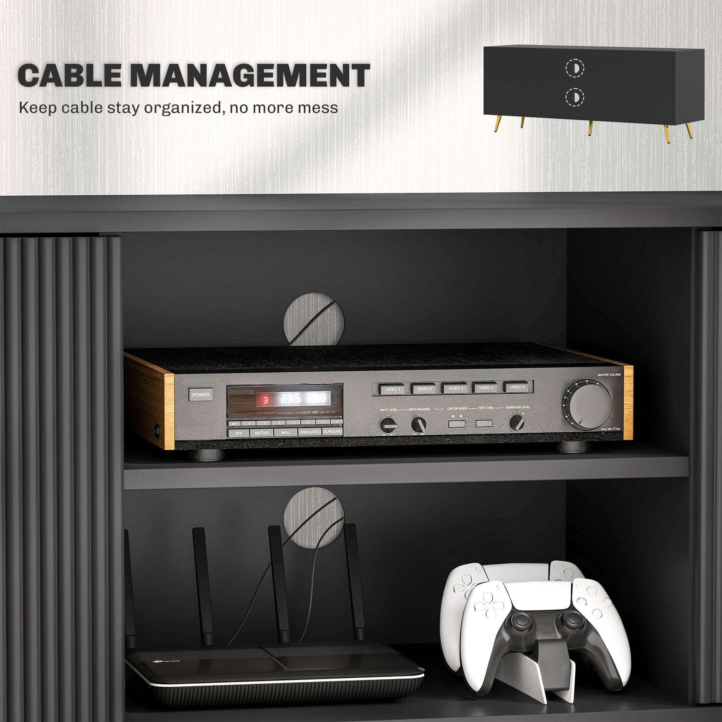 Modern TV Stand Cabinet for TVs up to 55", TV Unit with 2 Open Shelves and 2 Cabinets, w/ Cable Management for Living Room, Black