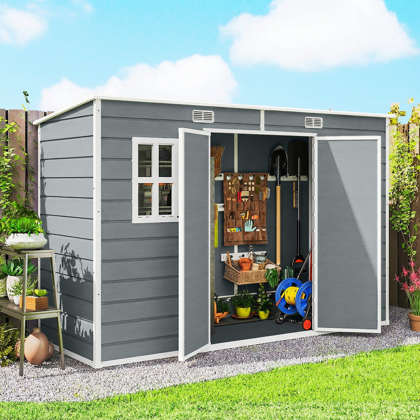 Large PP & Aluminium Garden Storage Shed | Built-In Floor | Double Doors | Lock & Keys | 2 Windows | 2 Vents | UV-Resistant | 40kg/m² Snow Load | 303x123x197cm | 3.2m² | Mowers Bikes & Tools | Grey