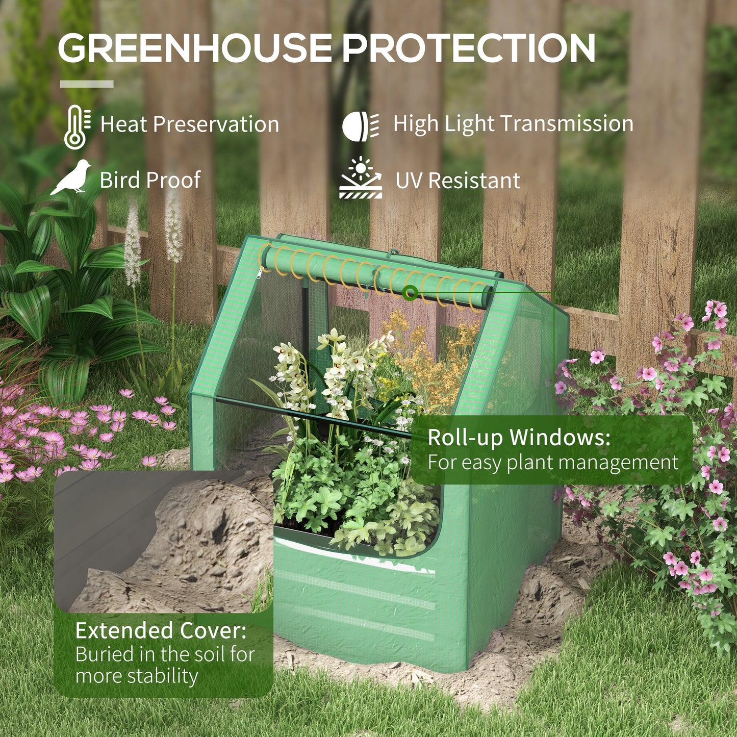 2-in-1 Raised Garden Bed with Mini Greenhouse Cover | Galvanised Steel Base | Open Bottom | 2 Roll-Up Windows | 61x61x29.5cm Bed | 70x70x90cm Cover | Green & Silver