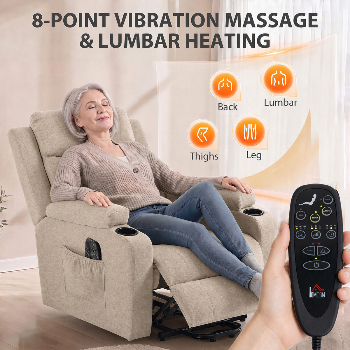 Electric Riser Recliner Chair | 45° Lift, 150° Recline, Massage & Lumbar Heat | USB-A/USB-C, Cup Holders | Beige, Brown or Grey