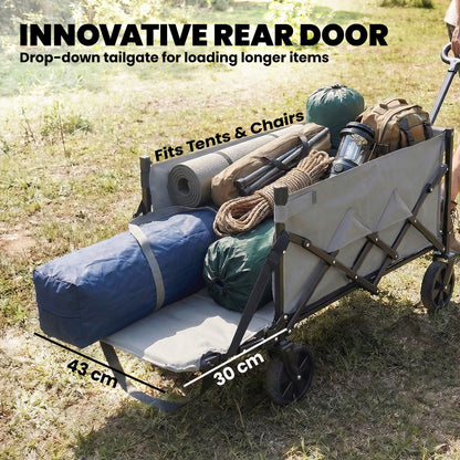 80L Foldable Festival Camping Trolley | Drop-Down Tailgate | Adjustable Handle | 2 Cup Holders | Storage Bags | Quick Release Wheels | 150kg | Grey