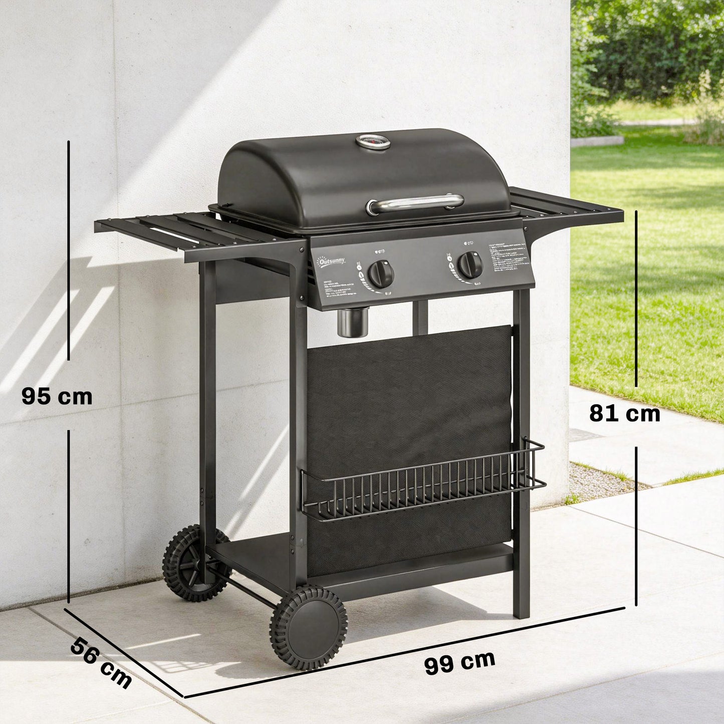 2 Burner Gas BBQ Grill | 1800cm² Enamel Grid | Side Tables | Warming Rack | Lid Thermometer | Grease Tray | UKCA | Black