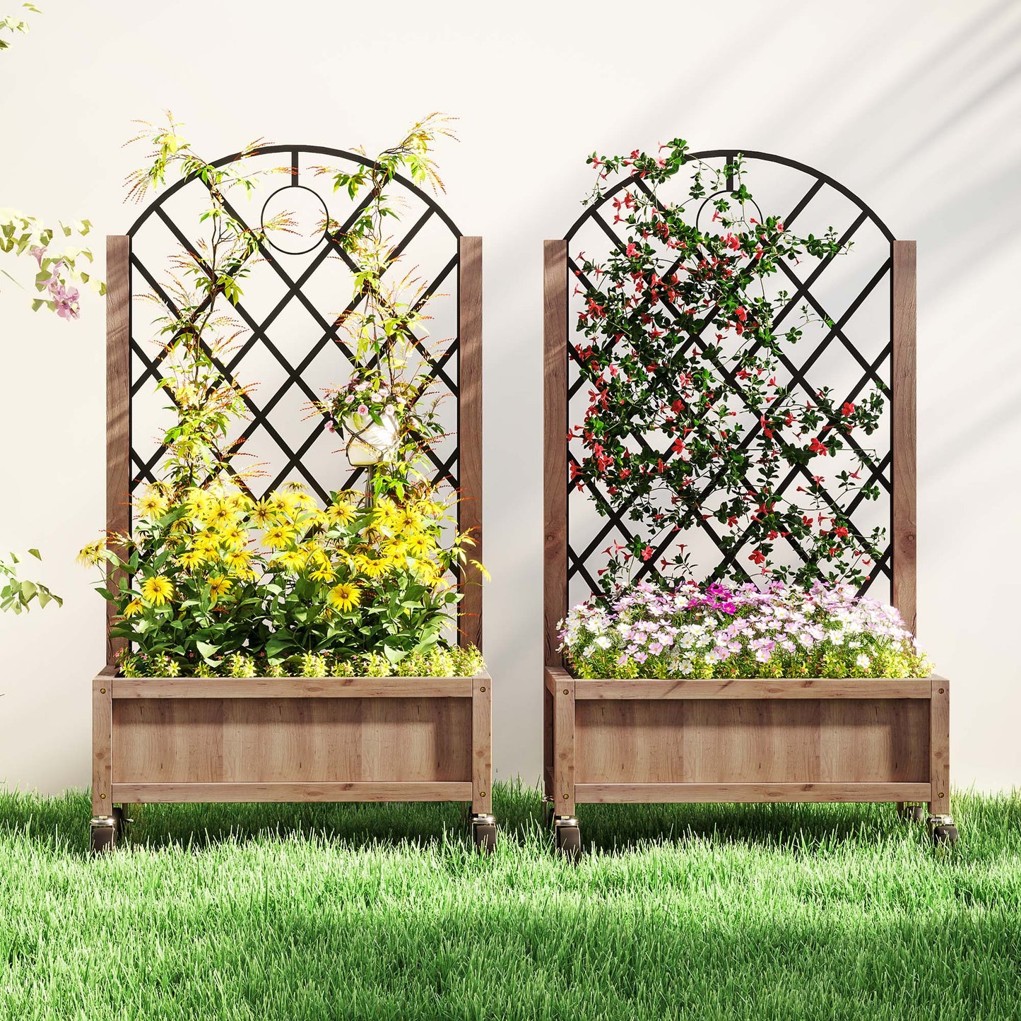 Raised Garden Bed W/ Metal Trellis, Pack of 2 Wooden Elevated Planter & Wheels and Drainage Holes for Climbing Plants, Fruits, Vegetables, Flowers