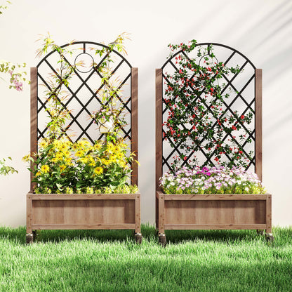 Raised Garden Bed W/ Metal Trellis, Pack of 2 Wooden Elevated Planter & Wheels and Drainage Holes for Climbing Plants, Fruits, Vegetables, Flowers