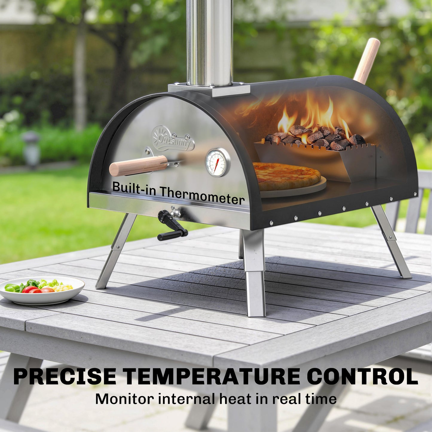 Wood-Fired Outdoor Pizza Oven | 500°C in 10 Mins | Rotating Stone | Peel Included | Foldable Legs | Black