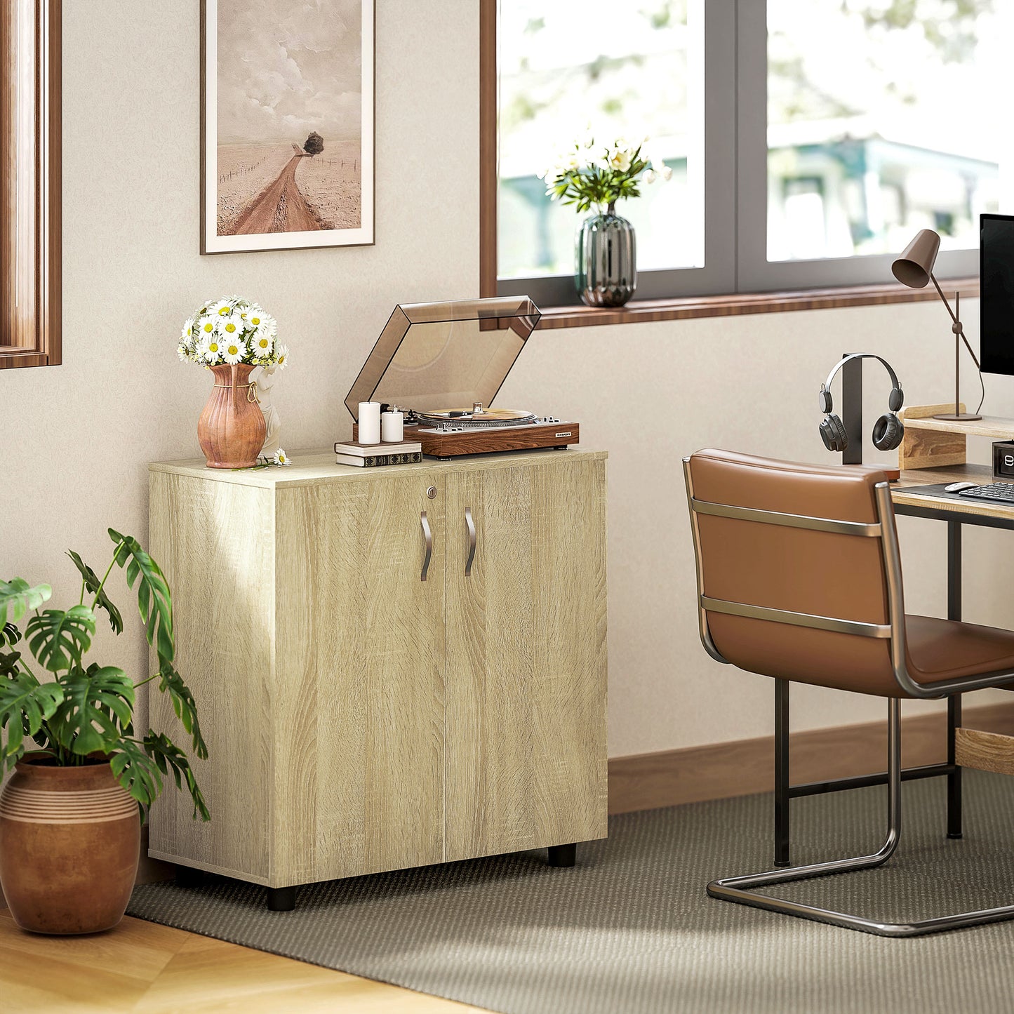 2 Tier Locking Office Storage Cabinet | 80x40x80cm | 2 Hinged Doors | Inner Shelf | 2 Keys | Anti-Slip Feet | Flat Top | 20kg | Oak