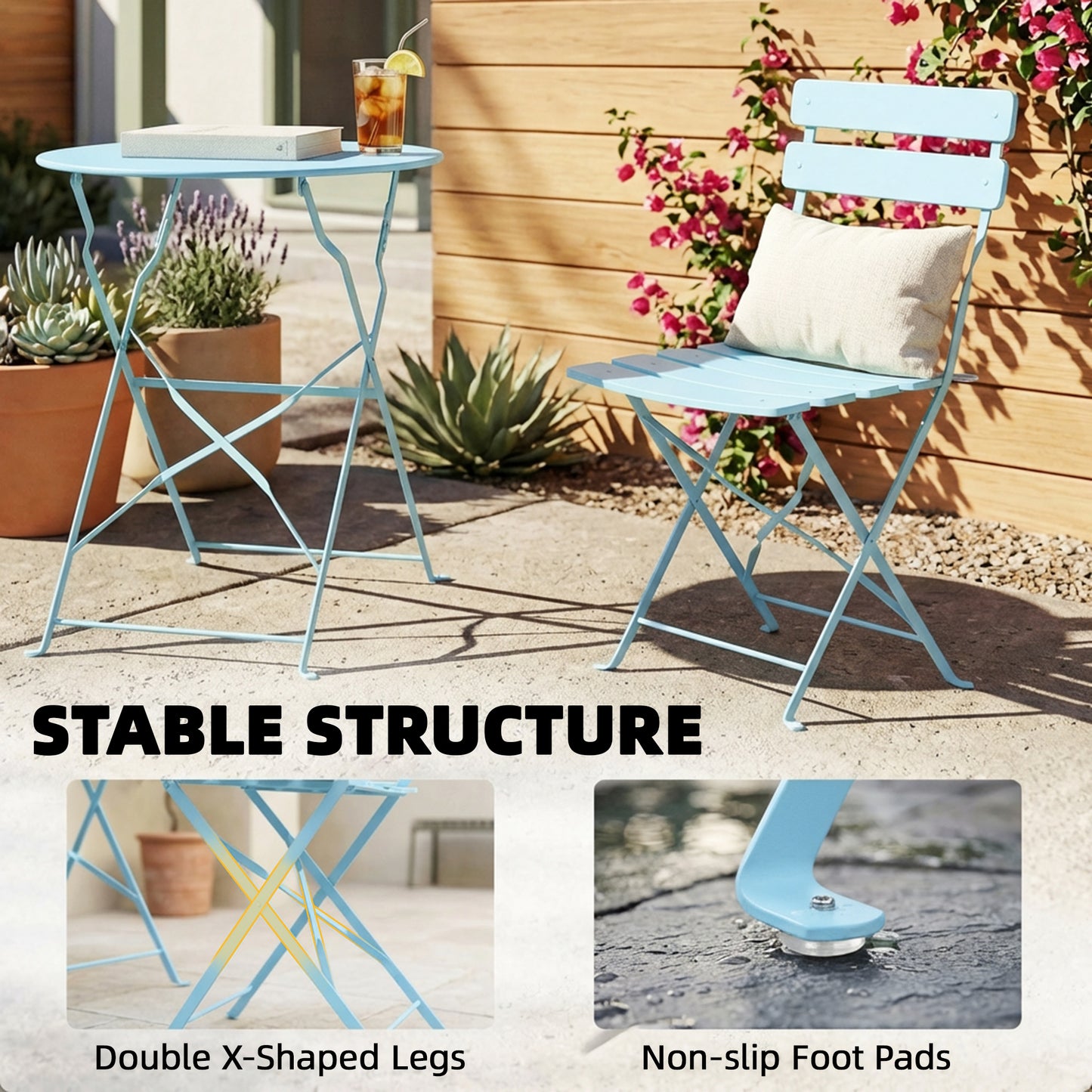 3-Piece Folding Garden Bistro Set | 2 Chairs & Round Table | Electrophoresis Metal | No Assembly | Folds to 8.5cm | 120kg | Light Blue