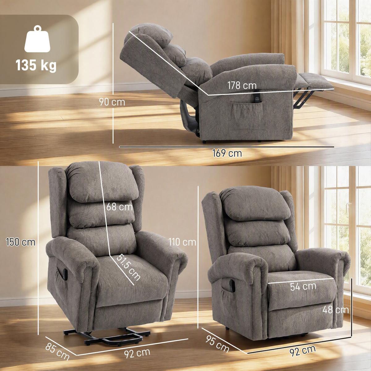 Electric Riser Recliner Chair with Power Lift | Remote Control & USB Port | 150° Recline | Pocket Springs | Velvet-Touch Fabric | 2 Side Pockets | 135kg Capacity | 92W x 95D cm Seated | Dark Grey