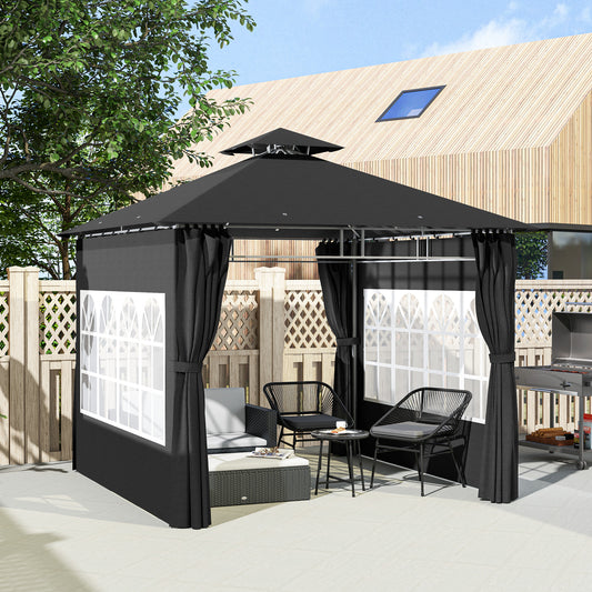 Outsunny 3 x 3 m Garden Gazebo, Double Roof Metal Gazebo with Removable Sidewalls and Church Windows, Outdoor Canopy Shelter