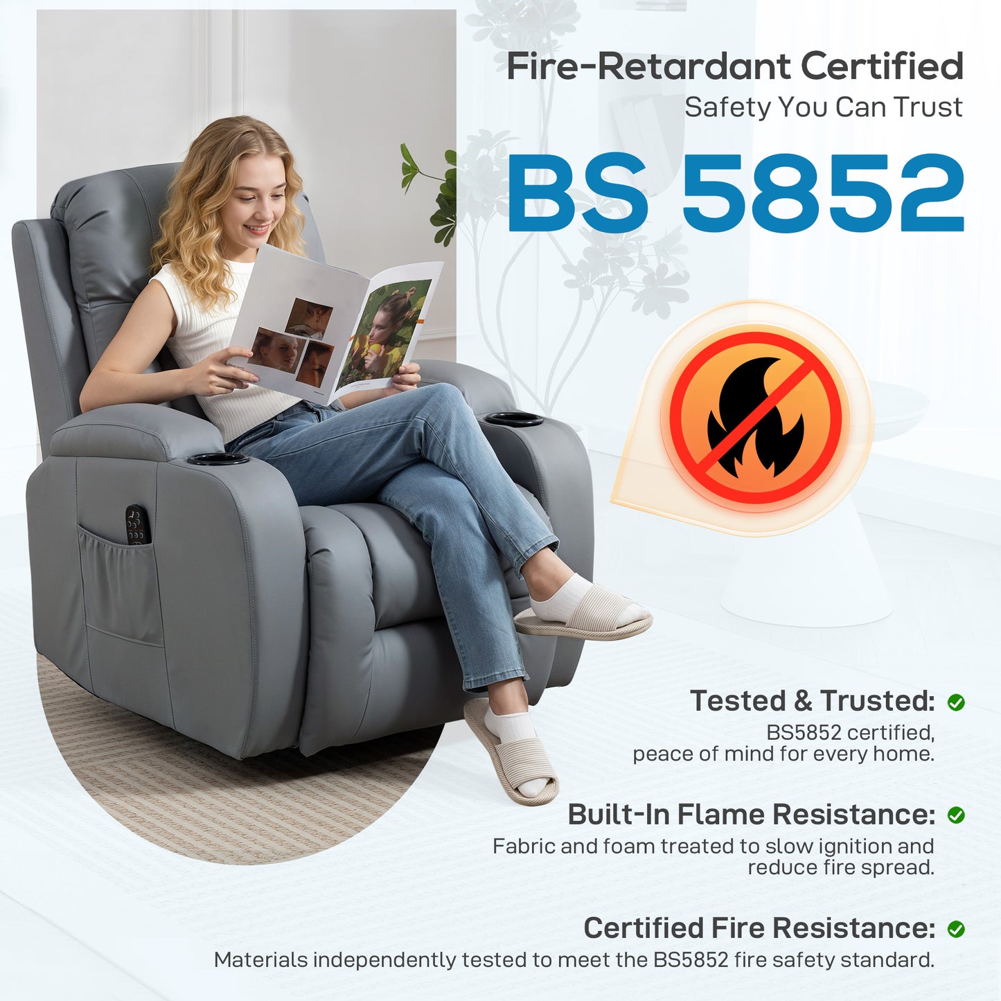 Massage Recliner Armchair, PU Leather Recliner Chair, Grey