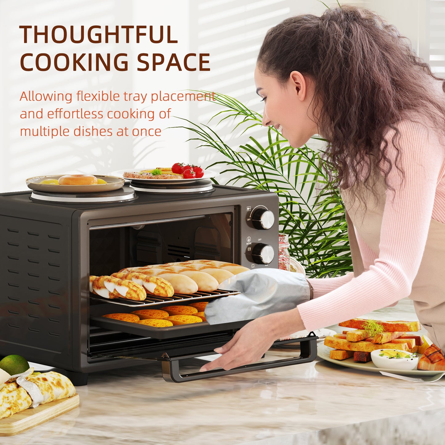28L Countertop Toaster Mini Oven W/ 2 Hot Plates, Grill, Roast, Bake, Boil, with Timer, Adjustable Temperature, Electric Oven, Black