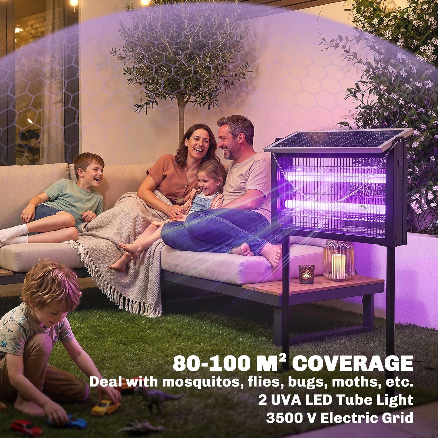 Solar Bug Zapper Outdoor | 3500V Electric Grid | UVA LED | Dusk-to-Dawn Auto | Solar & USB Charging | 80-100m² Coverage | Stake, Hang or Table | 4.3m Cord | 45x18x90cm | Black