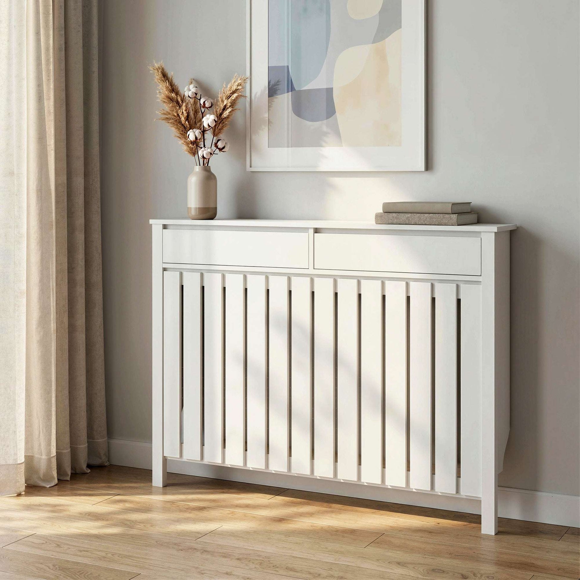 MDF & Particle Board Radiator Cover with 2 Drawers | Vertical Slats | Flat Top Display Surface | Wall Mountable | Pre-Cut Outs | 18kg Capacity | 119x19x93cm | White