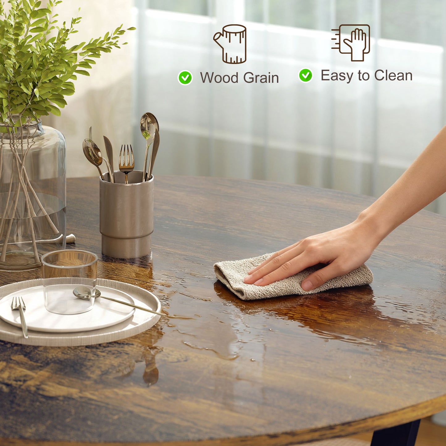 Dining Table, Round Kitchen Table with Black Legs, Anti-slip Foot Pads for Living Room, Dining Room 90 x 76 cm