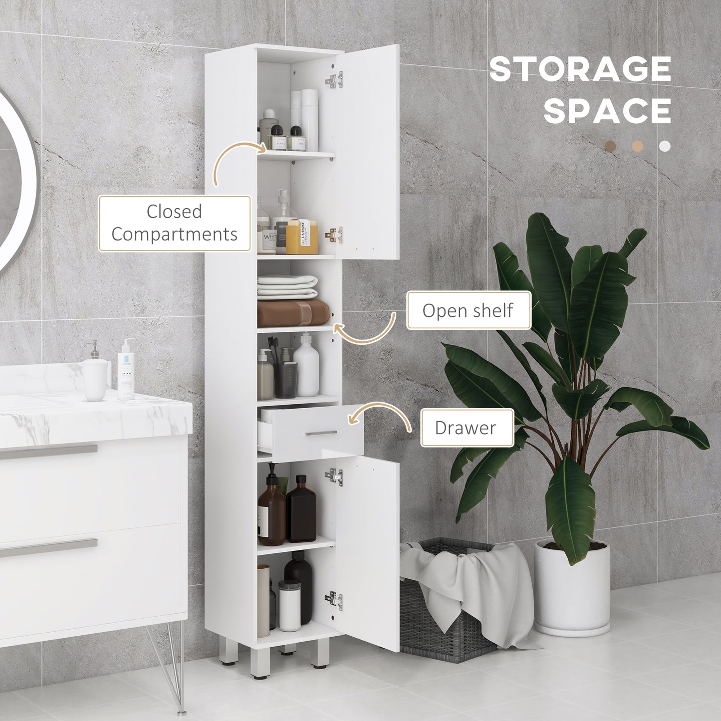 Kleankin 71" Tall Slim Bathroom Storage Cabinet, Tall Narrow Cupboard with Drawer, Open Shelves, 2 Doors Cabinets and Adjustable Shelves for Kitchen - White