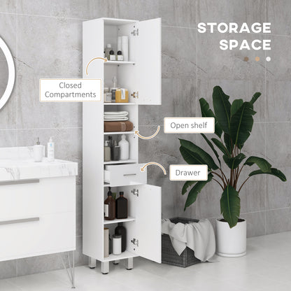 Kleankin 71" Tall Slim Bathroom Storage Cabinet, Tall Narrow Cupboard with Drawer, Open Shelves, 2 Doors Cabinets and Adjustable Shelves for Kitchen - White