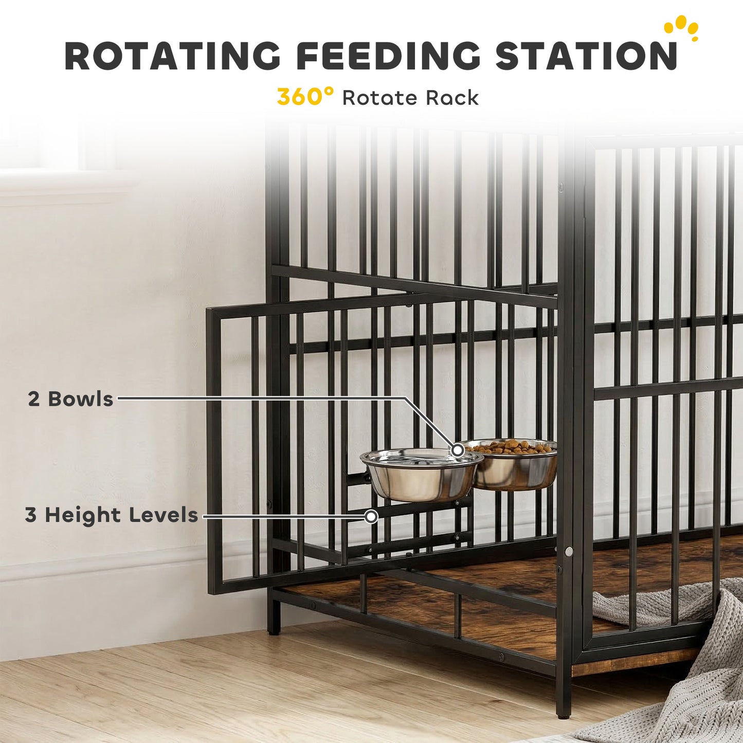 Dog Crate Furniture Side Table | Rotating Feeding Station | Storage Shelf | Double Door Lock | 20kg | Rustic Brown