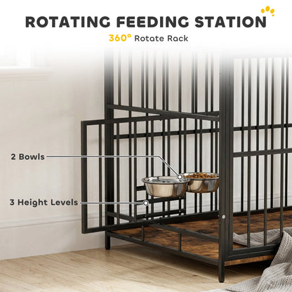 Dog Crate Furniture Side Table | Rotating Feeding Station | Storage Shelf | Double Door Lock | 20kg | Rustic Brown