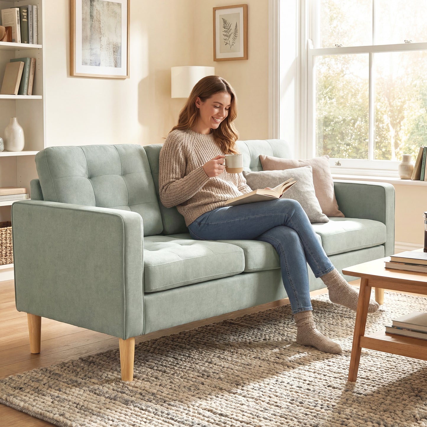3-Seater Sofa with Hidden Under-Seat Storage | Button-Tufted | Snow Flannel | Eucalyptus Frame | 100kg per Seat | 169cm | Light Grey