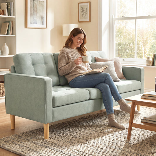 3-Seater Sofa with Hidden Under-Seat Storage | Button-Tufted | Snow Flannel | Eucalyptus Frame | 100kg per Seat | 169cm | Light Grey