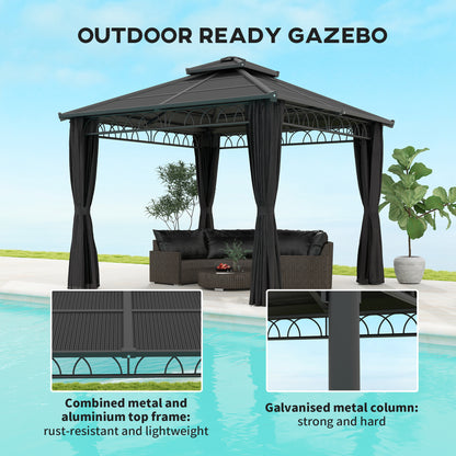 3 x 3 (m) Outdoor Polycarbonate Gazebo, Double Roof Hard Top Gazebo with Galvanised Steel Frame & Curtains for Garden, Lawn, Patio and Deck