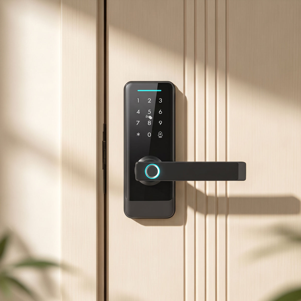 Smart Door Lock | 5-in-1 Entry: Fingerprint / Passcode / NFC Card / Tuya App / Key | Built-in Doorbell | Bluetooth 10m | ADC12 Alloy & Tempered Glass | Copper Cylinder | Door 3.5-6cm | Left & Right Hand | 7.1x19.3x13.4cm | Black