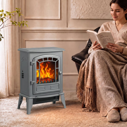 Freestanding Electric Fireplace Stove | 1000W/2000W | LED Flame Effect | Adjustable Thermostat | Grey
